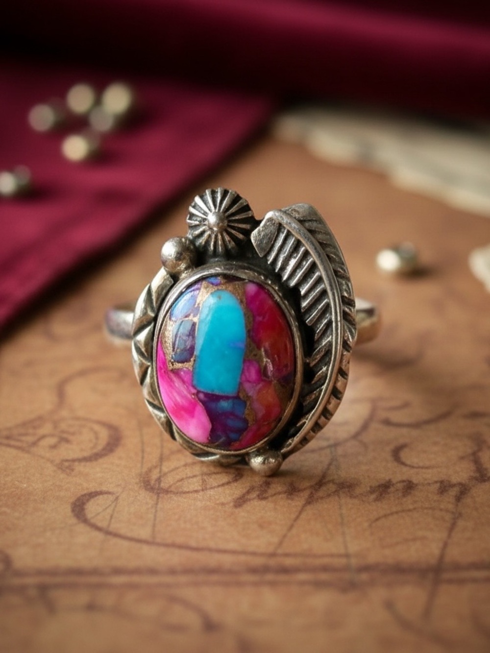 Vintage America Sterling Ring with Turquoise and Pink Inlay size 9